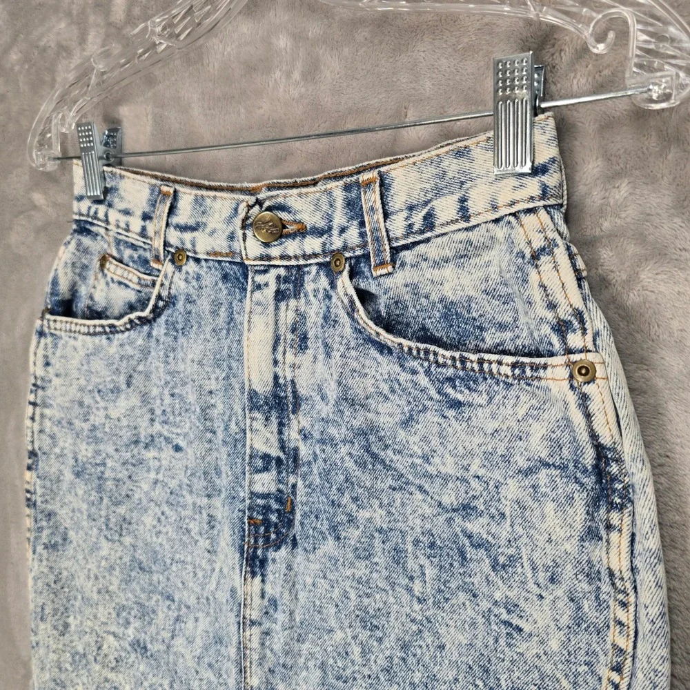 Chic Denim Skirt Womens 7 Blue Acid Wash High Waisted Vintage USA Retro Pencil